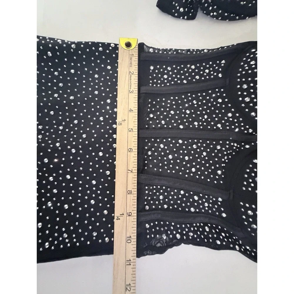 Y2K Black Rhinestone Mesh Corset Mini Dress Small Sheer Bodycon Party‎ Glam
